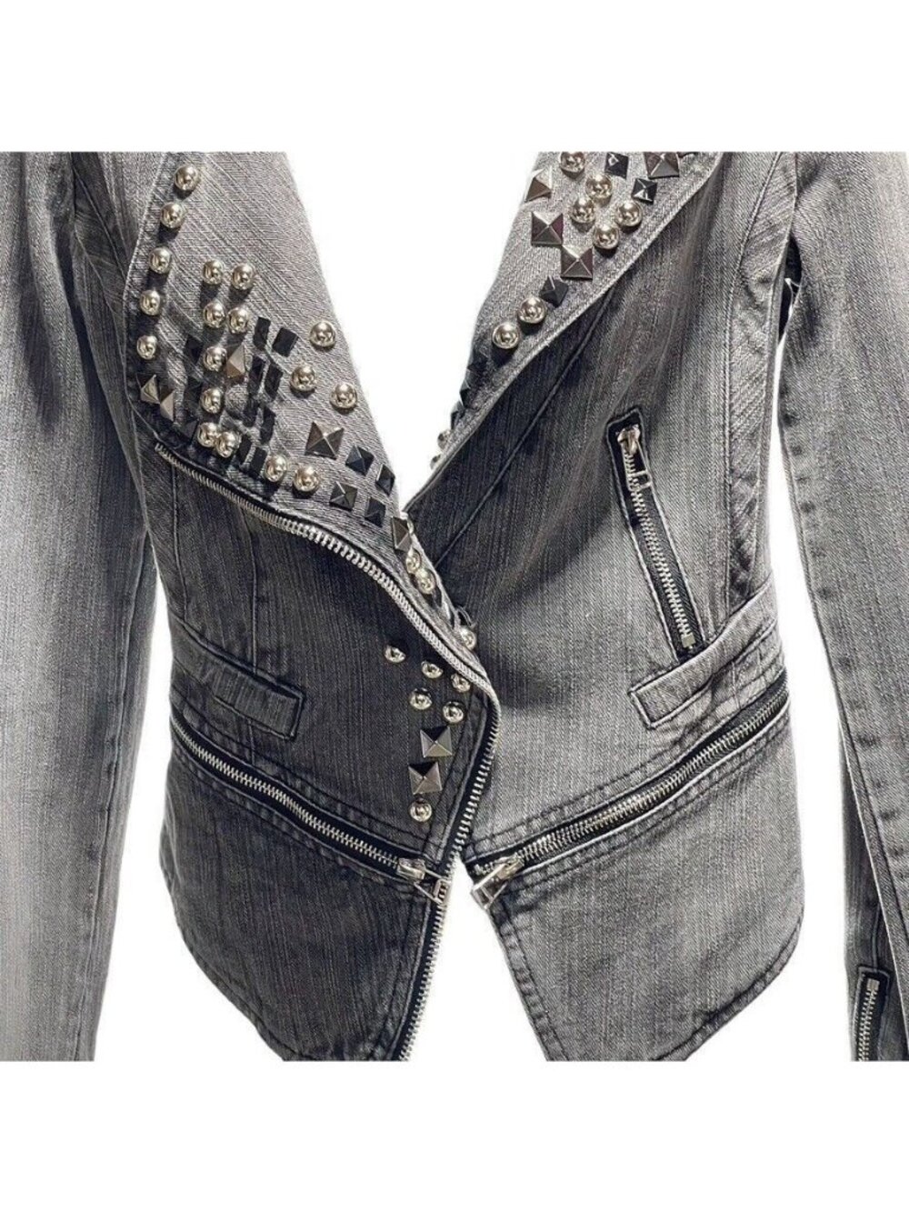 TOV HOLY G Denim Jacket Gray Cotton Embellished Moto Jean Jacket Women's Size S - Picture 8 of 16